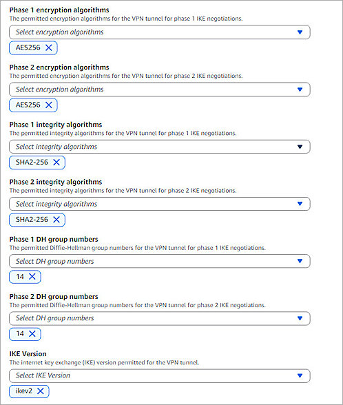 Screenshot of AWS, Additional settings on the Modify VPN Tunnel Options page